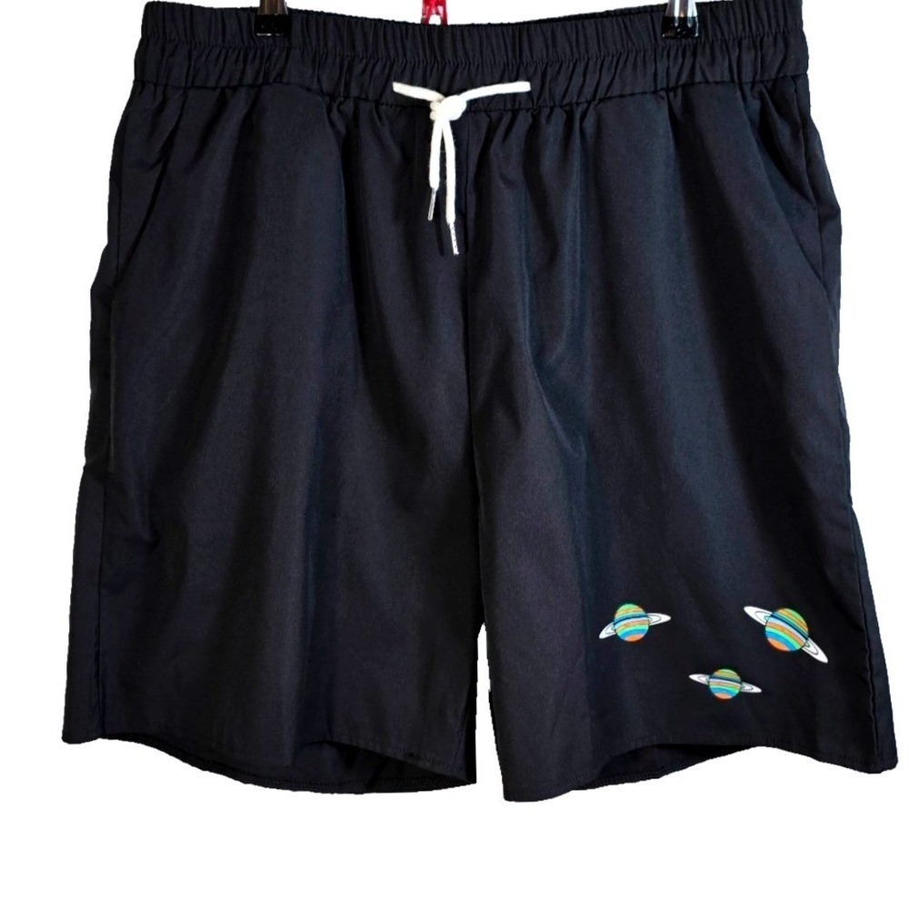 NWT Romwe Men's XXL Black Athletic‎ Shorts Drawstring Waist Planet Graphic